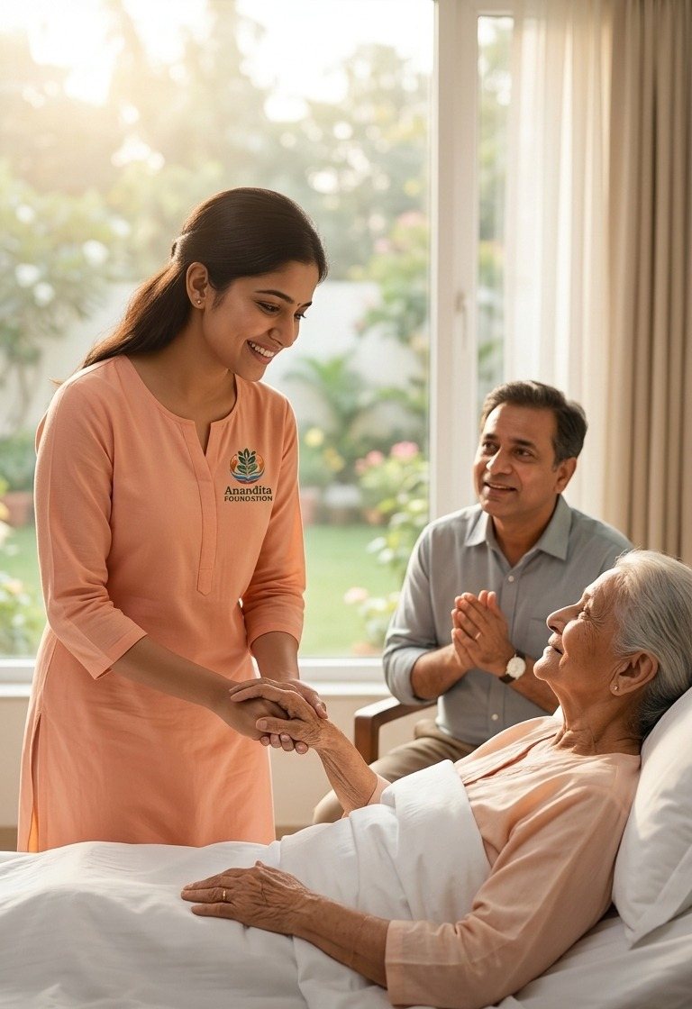 An Anandita Foundation caregiver holding the hand of an elderly patient
