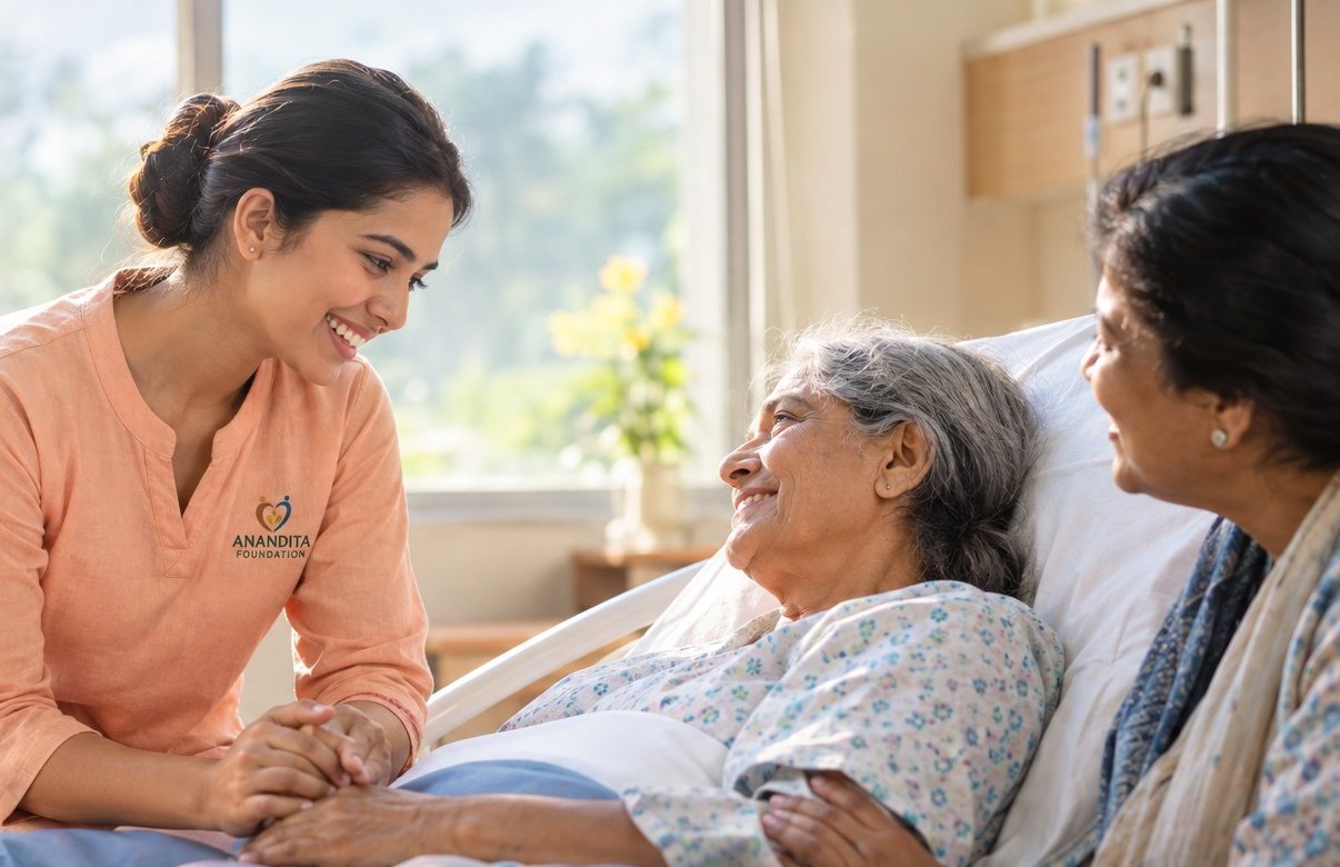 A caregiver holding hands with a smiling elderly patient in hospital